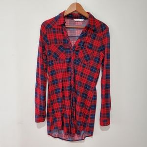 Bluenotes long red blue plaid gingham checkered flannel button blouse tu…